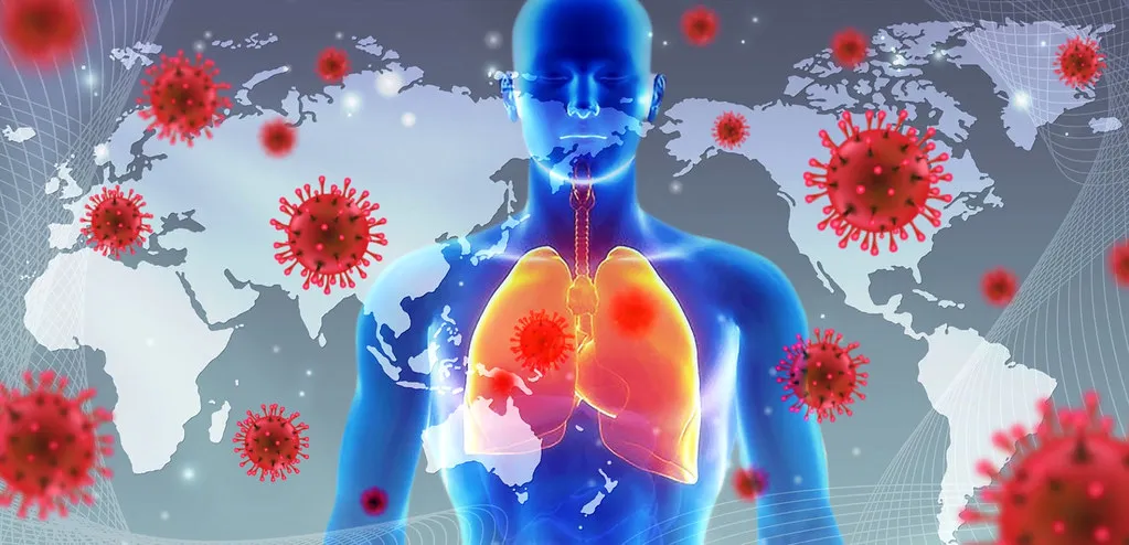 Global respiratory virus outbreak concept with lungs and world map illustration