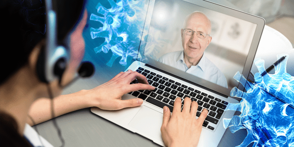 Online telehealth consultation during pandemic on laptop video call