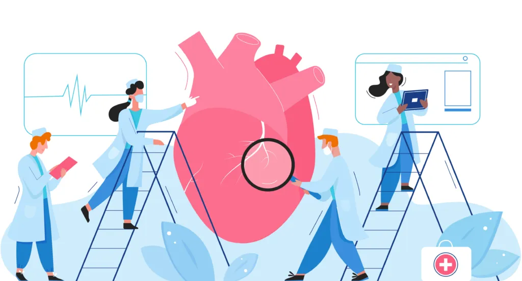 Flat illustration of doctors examining human heart healthcare concept