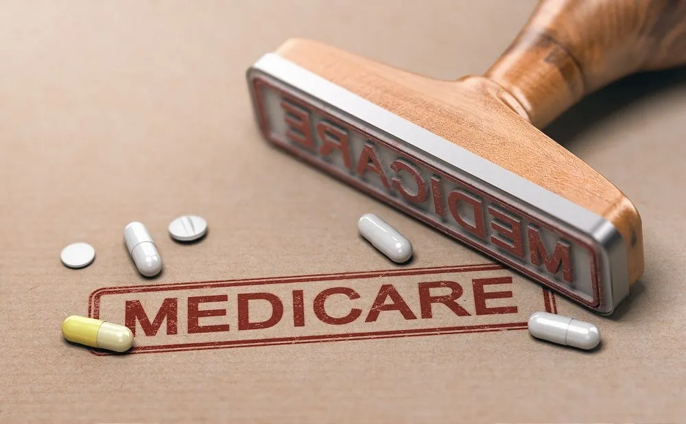 Medicare healthcare coverage stamp with prescription medication concept