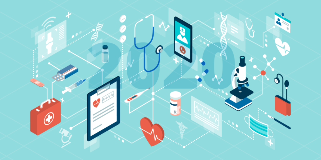 Digital healthcare ecosystem illustration with connected medical technology